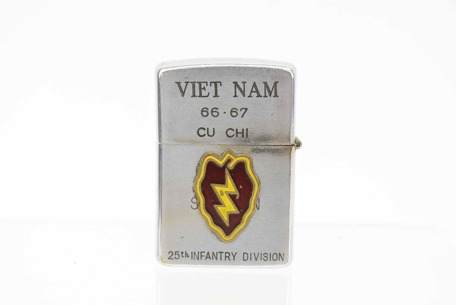 Vintage Vietnam Zippo 25th Infantry Lighter: Vintage Vietnam Zippo 25th Infantry Lighter, Reads Viet Nam 66-67 Cu Chi 25th Infantry Division, reads on Verso fighting for peace is like screwing for virginity.