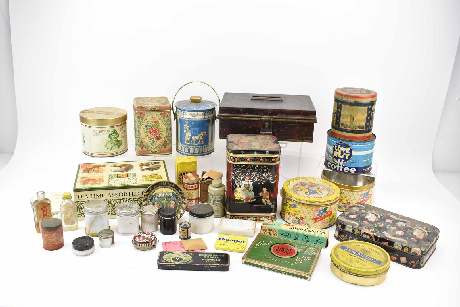 Antique Toleware Spice Box Caddy: Antique Toleware Spice Box Caddy, marked Kreamer having 6 Spice Containers, together with a group of assorted vintage advertising tins including Lucky Strike Cigarettes, Gold Cross Ready-Aids, Drucker