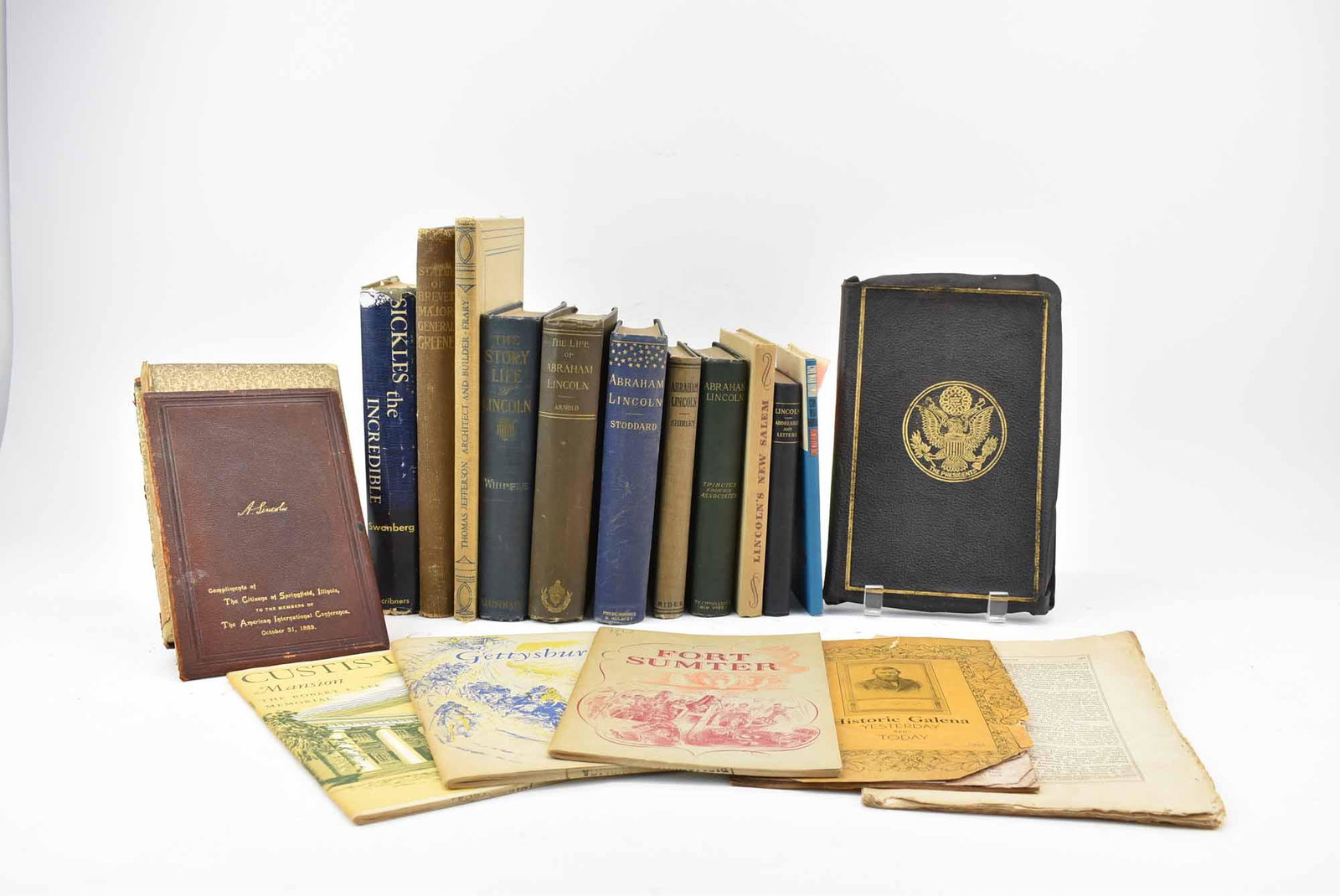 Group of Assorted Abraham Lincoln Books: Group of Assorted Abraham Lincoln Books including His Life Public Services Death and Great Funeral Courtege 1889, The Story Life of Lincoln by Wayne Whipple, together with a Compilation of the Message