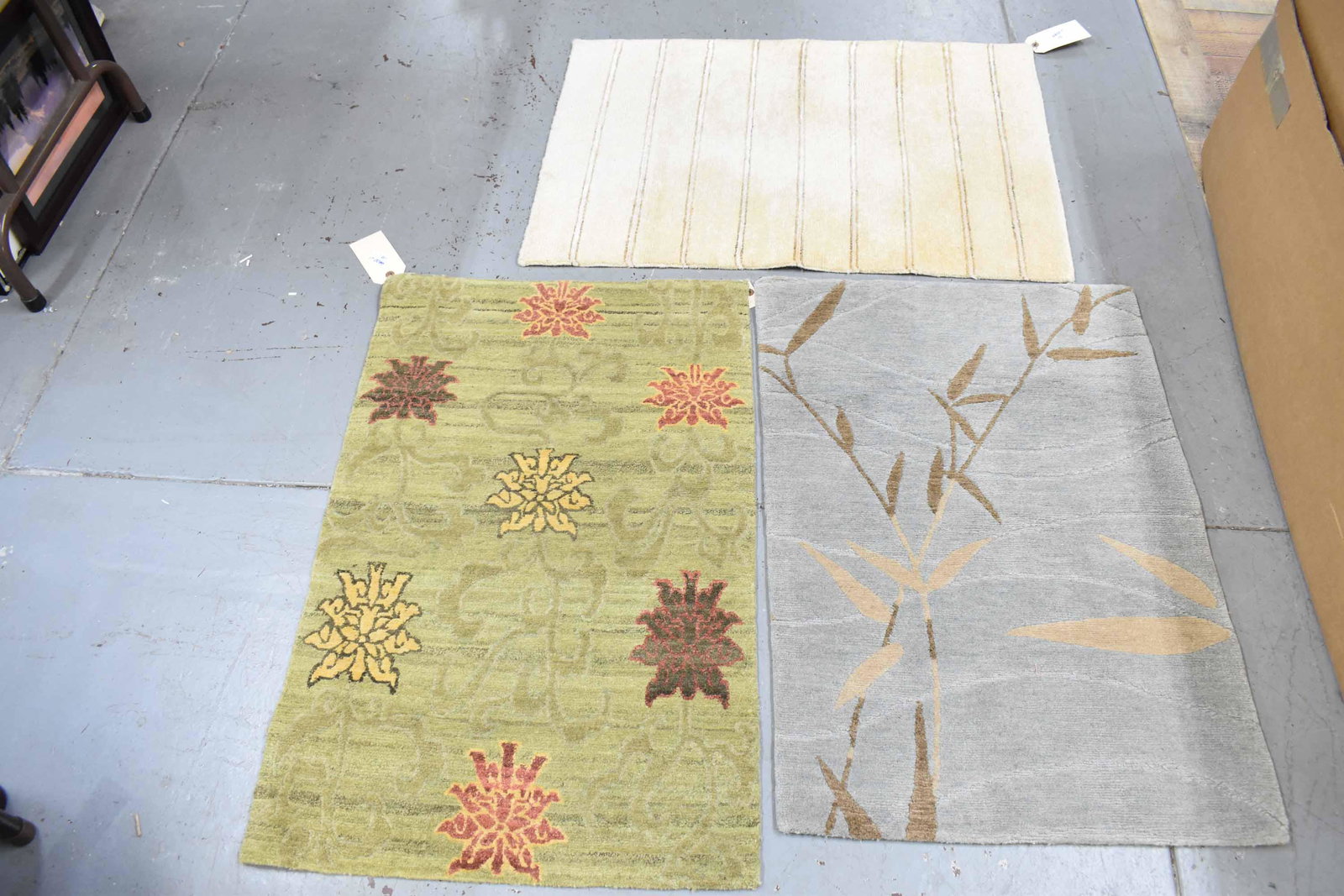 3 Handwoven Wool Carpet Mats: 3 Handwoven Wool Carpet Mats, sample rugs including Loop & Cut 100 Knots Tibetan Wool, made in Nepal with gray/blue ground and brown leaf design, Tibetan Wool, made in Nepal with green ground and yell