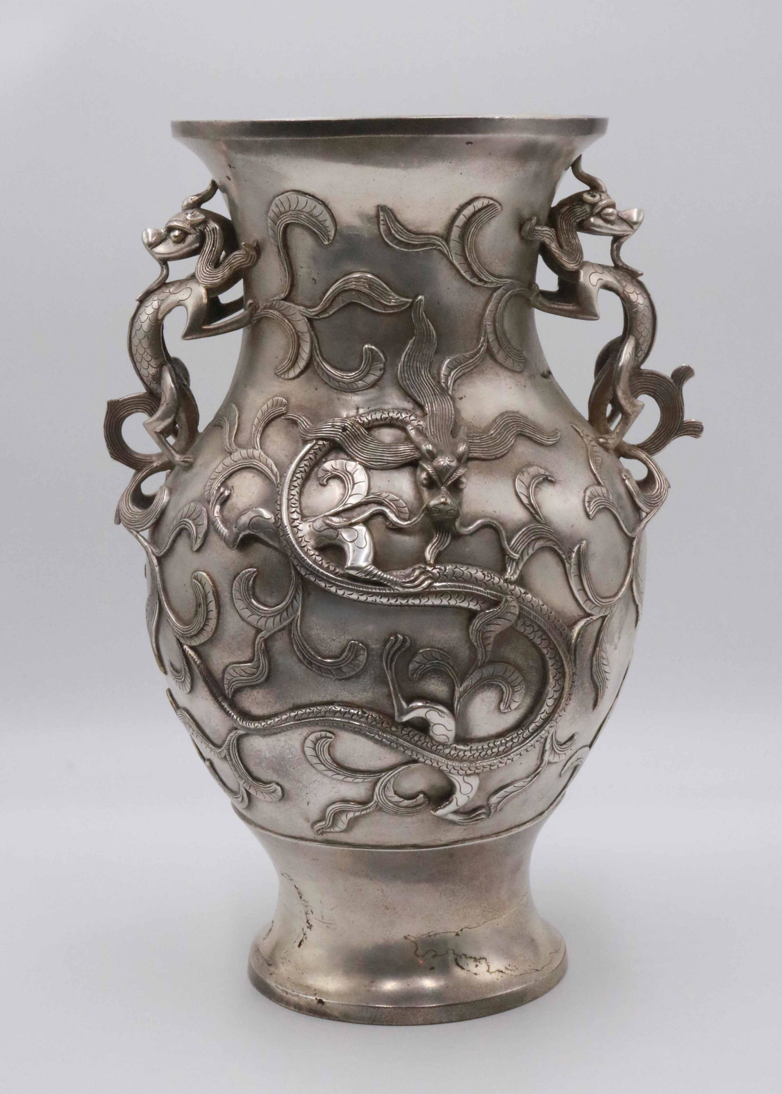 Large Chinese Silvered Bronze Double Handled Vase (1 of 9)