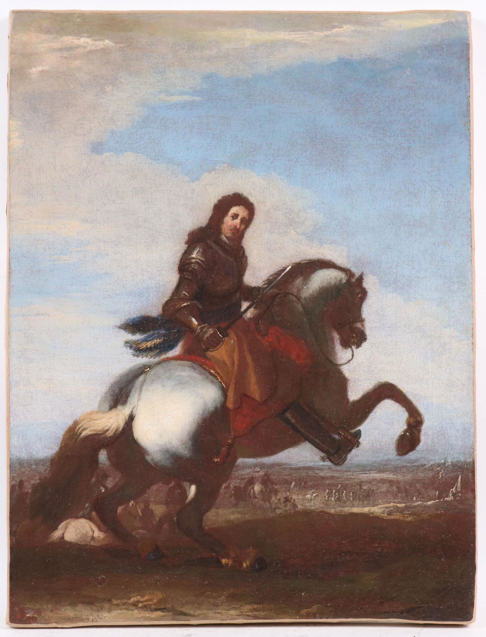 Attr. to Adam Frans van der Meulen (Dutch, 1632-1693): Oil on Canvas, Riding into Battle. Attributed to Adam Frans van der Meulen (Dutch, 1632-1693) bears early label that has been damaged and later label with full translation. Trimmed and relined. 20"h x