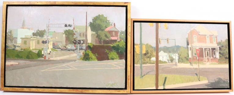 Two Philip Geiger Oil Paintings, Suburban Scenes: (American, b. 1956) the smaller an oil on panel, titled "Bright Morning," signed and dated '87 l.r. the larger an oil on canvas, depicting a railroad crossing, signed l.r. Sight sizes: 10"h x 15"w and