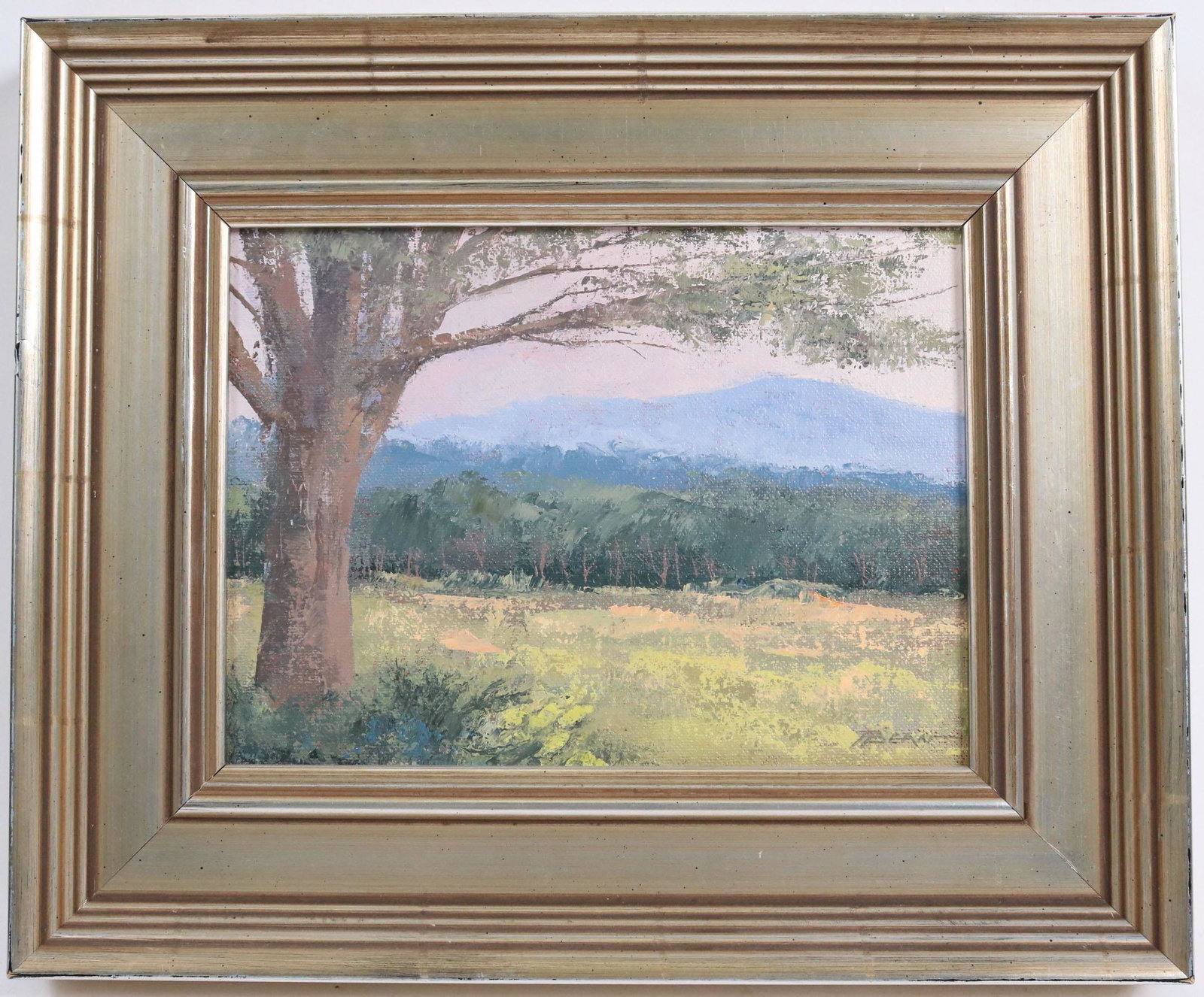 Phil Bean, Oil on Masonite, Monadnock Mountain: 20th C. signed l.r. and labeled, "Field View of Monadnock Mountain." Sight size: 5-1/2"h x 7-1/2"w Overall: 9-3/4"h x 11-3/4"w