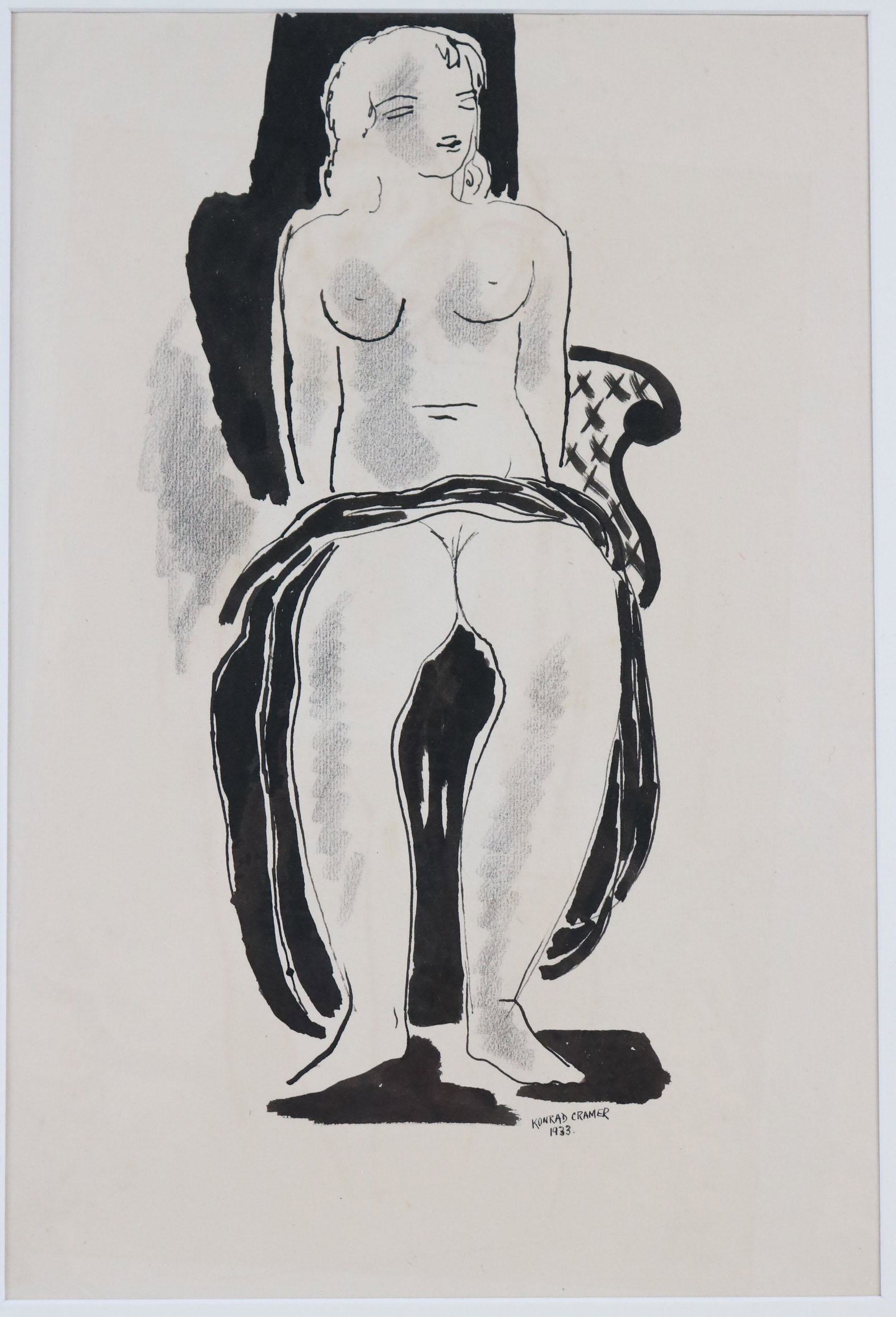 Konrad Cramer, Charcoal and Ink, Nude Woman: (German/American, 1888-1963) Woodstock, NY based artist, signed and dated l.r. "Konrad Cramer 1933." Sight size: 17"h x 11-1/2"w Overall: 22"h x 16"w