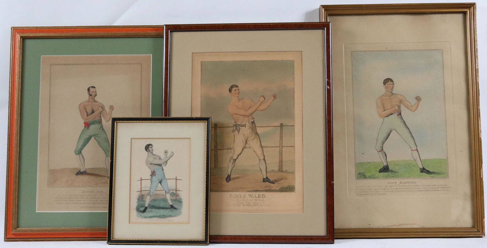 Four Hand-Colored Engravings of Pugilists: Comprising, "Jack Randall" Published by S.W. Fores, London, 1820 (13-1/4"h x 9-1/4"w), "James Ward" published by S.W. Fores, London, 1827 (13-1/4"h x 9-1/2"w), "Jack Cooper, the Gypsy" and "Dutch Sam"