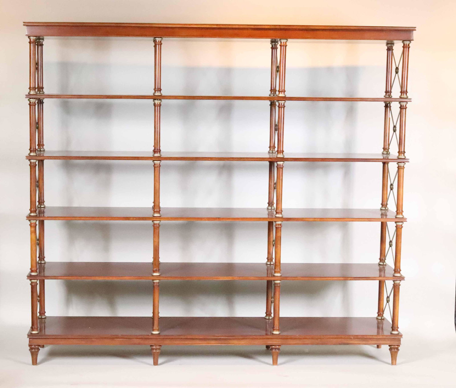 Hekman Brass-Mounted Mahogany Etagere: 20th C. in the Regency style. 5'10"h x 6'5-3/4"h x 16"d