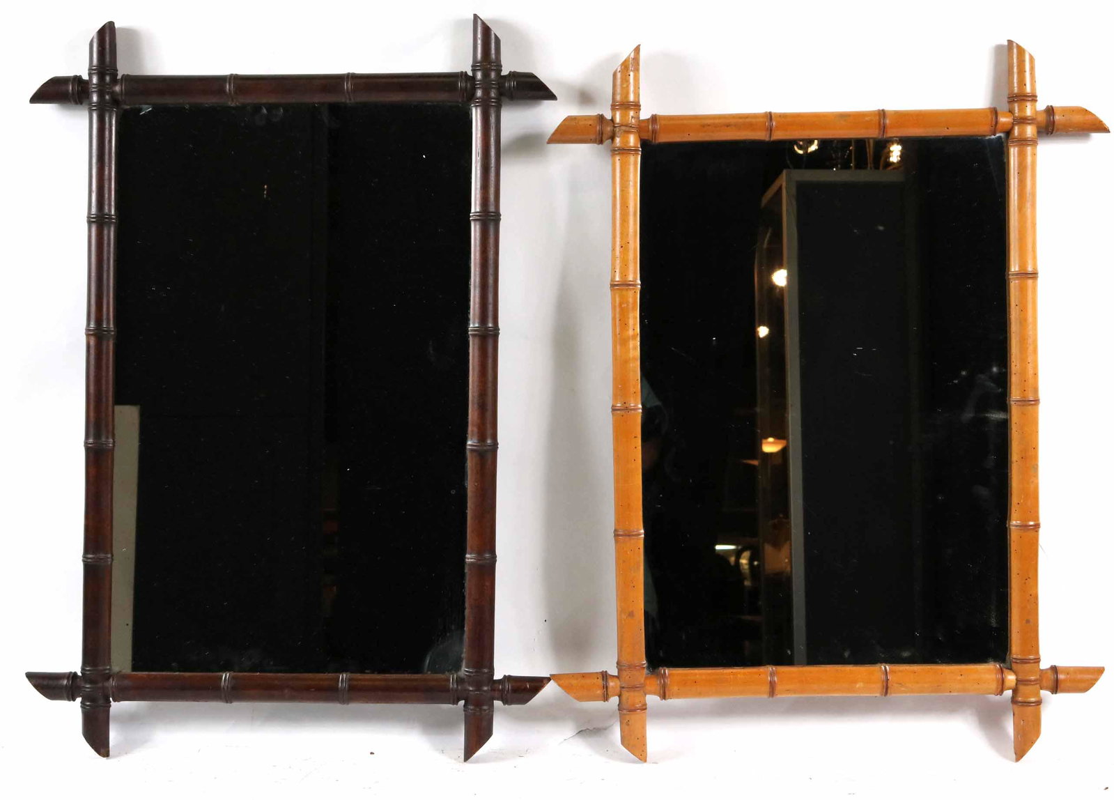 Two Faux-Bamboo Pier Mirrors: One with dark stain and one with lighter stain. Losses and wear. 32-1/2"h x 23"w and 31-1/4"h x 24"w
