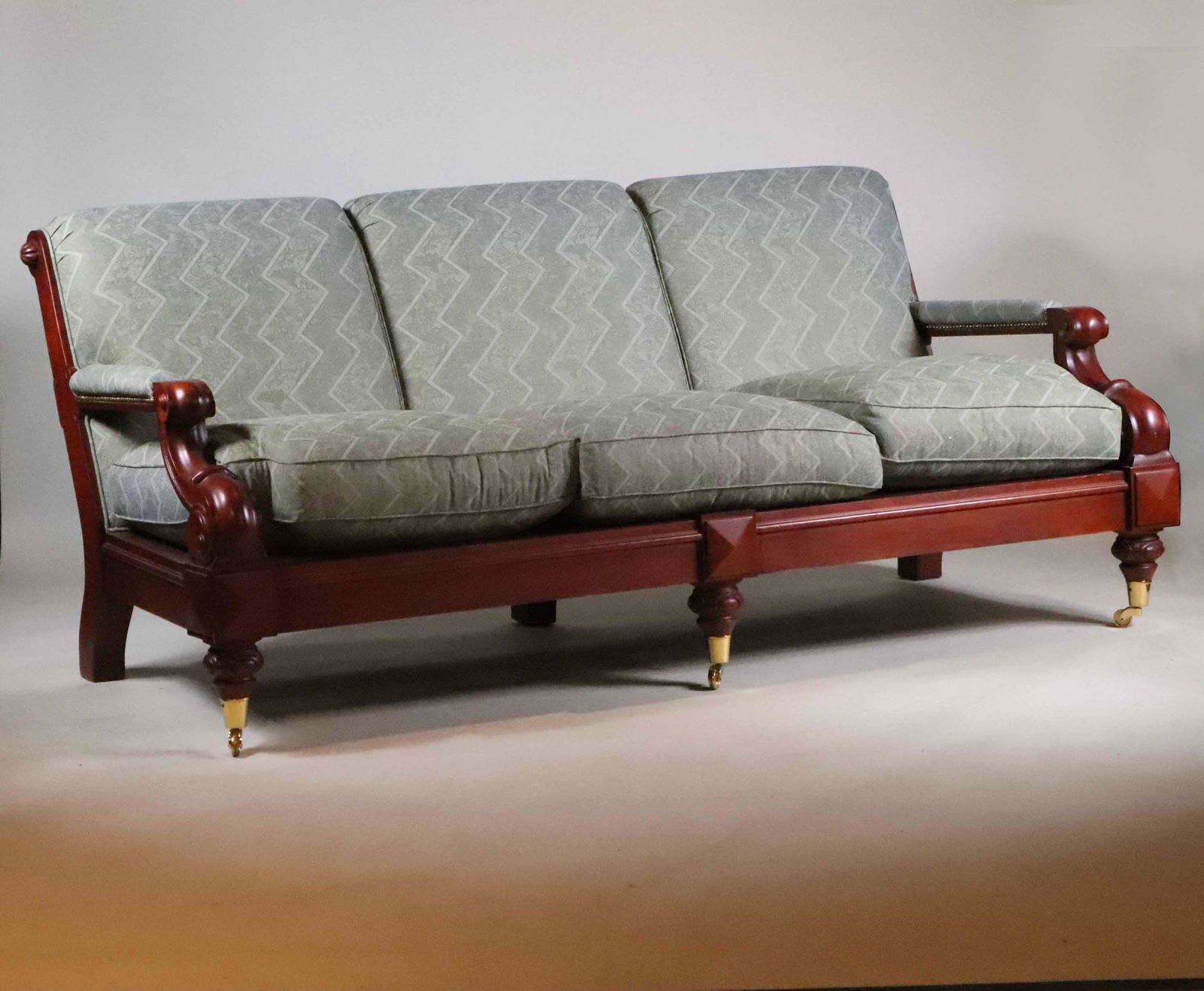 Contemporary Cherry-Stained Blue-Upholstered Sofa (1 of 7)