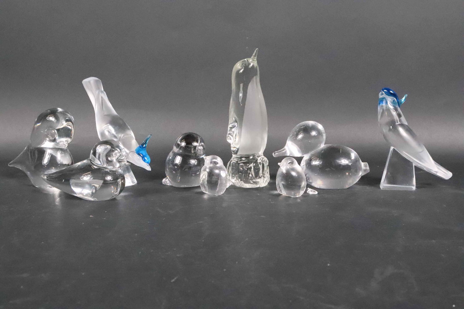Nine Glass and Crystal Bird Figurines: Including, Daum, Handland and Lalique. Chips, losses.