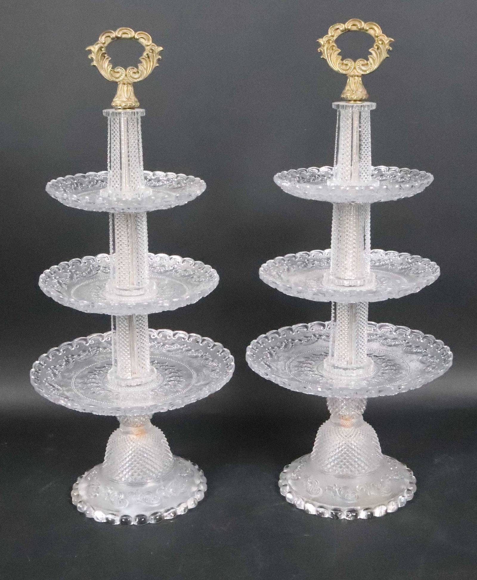 Pair of French Molded Glass Three-Tier Epergnes: 19th C. with brass wreath handle, domed bases. 19-1/2"h