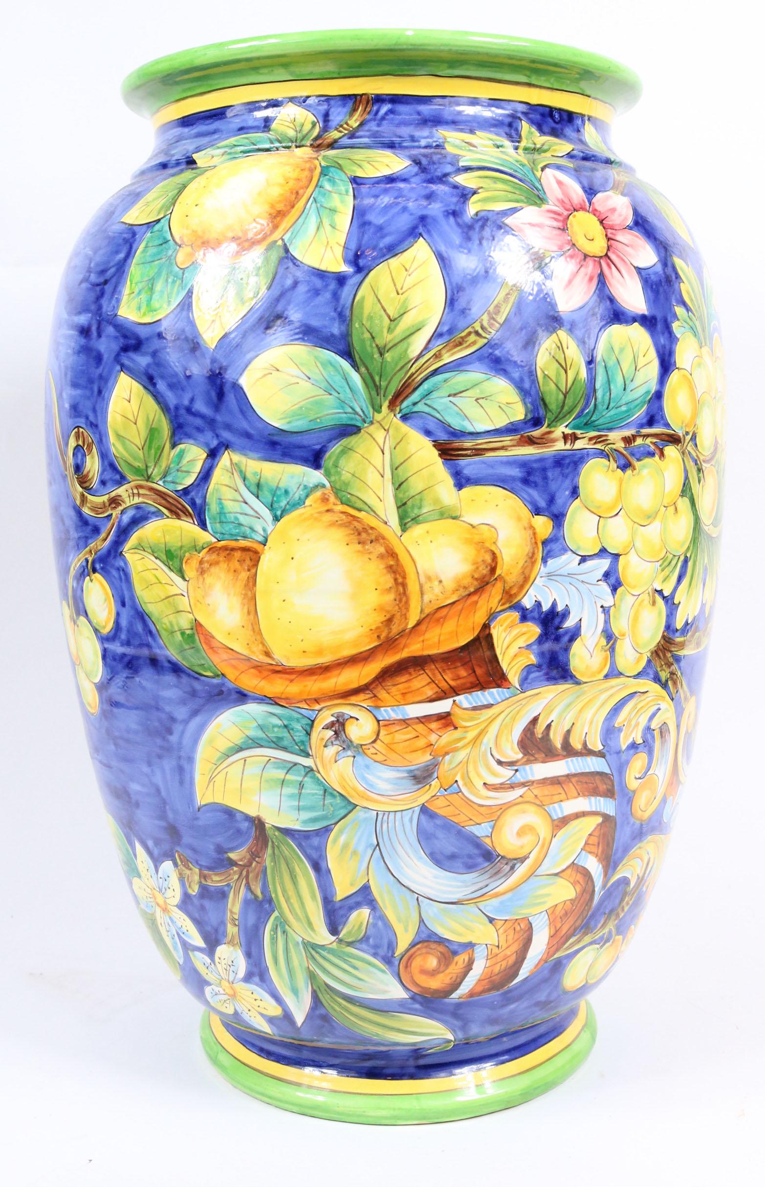 Majolica Bird and Lemon Decorated Vase: Of impressive size, unmarked. 20-1/2"h x 14"dia. Property from a Short Hills, NJ and San Francisco, CA Private Collection