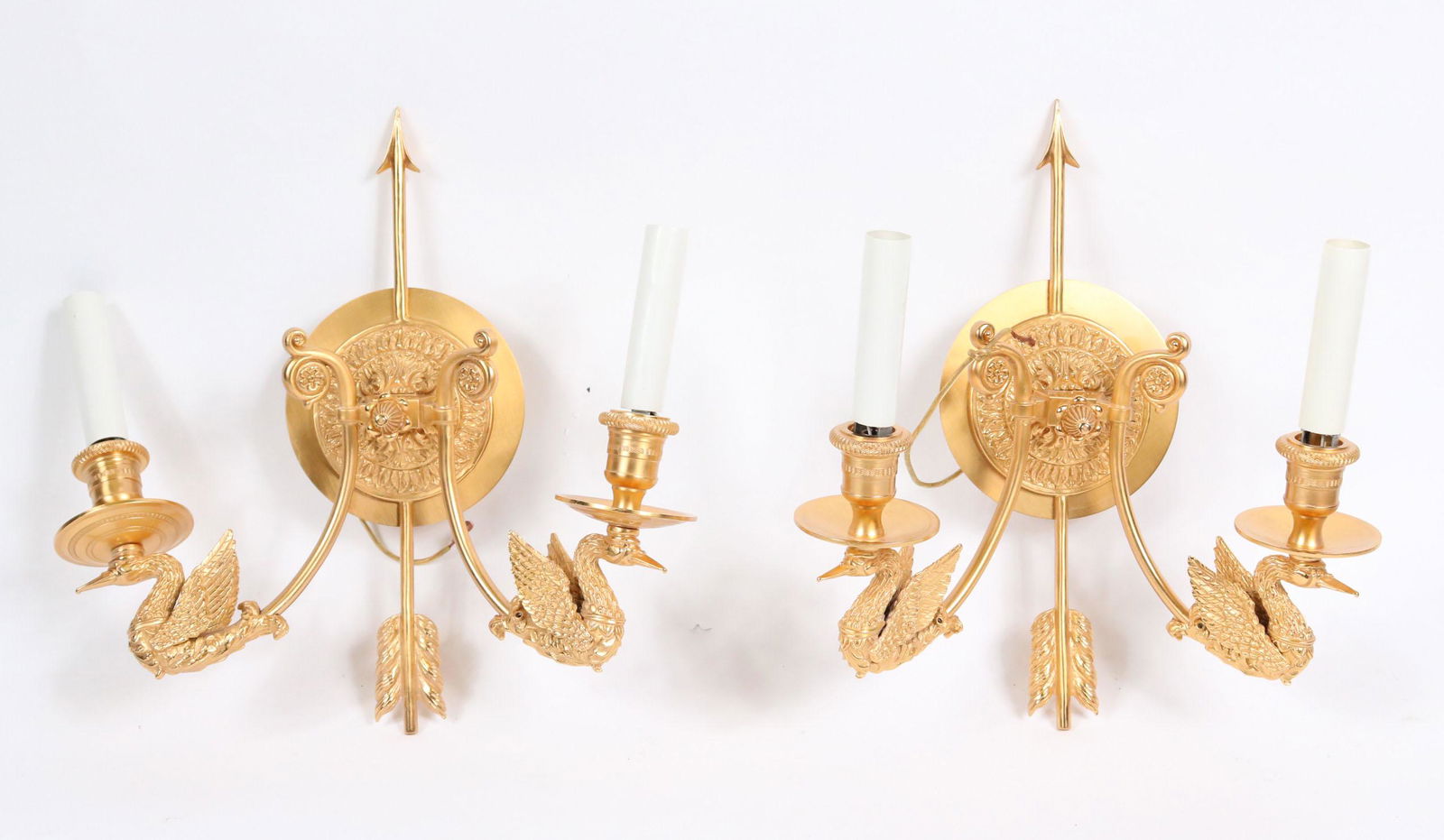 Pair of Sherle Wagner Swan-and-Arrow Sconces: French Empire style, with two lights. Apx. 12-1/2"h x 11"w x 5-3/4"d