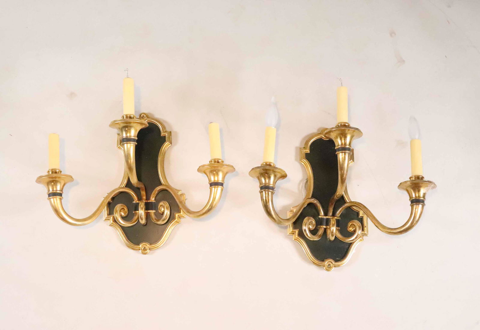 Pair of Black and Brass Three-Light Wall Scones (1 of 6)