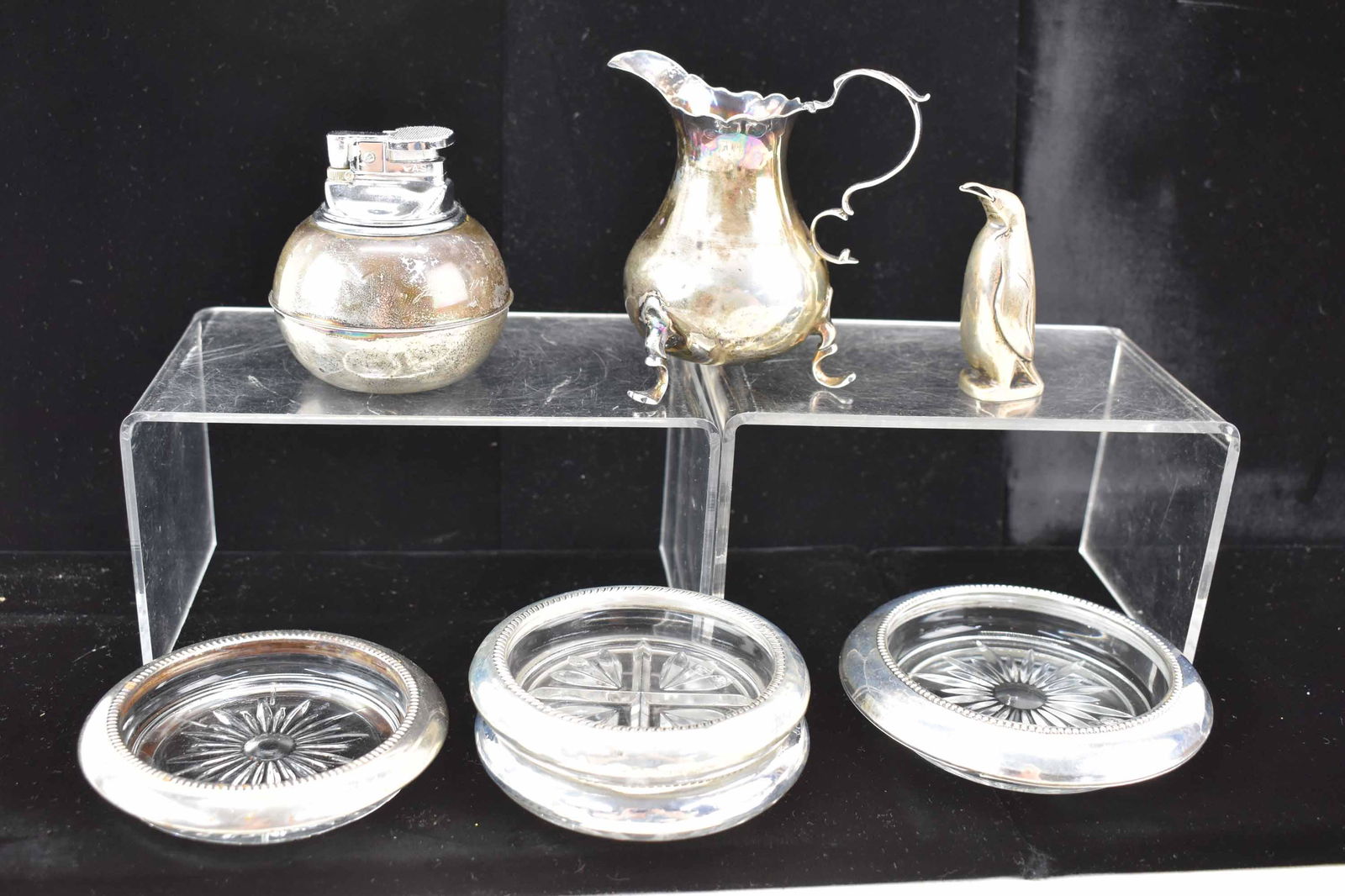 Sterling David Andersen Penguin Pepper Pot: Sterling David Andersen Penguin Pepper Pot, Norway, together with a sterling lighter with monogram and dated June 25, 1989 stamped 925 GR20 on verso, 2 Roger Bros sterling coasters, 1 Frank Whiting st