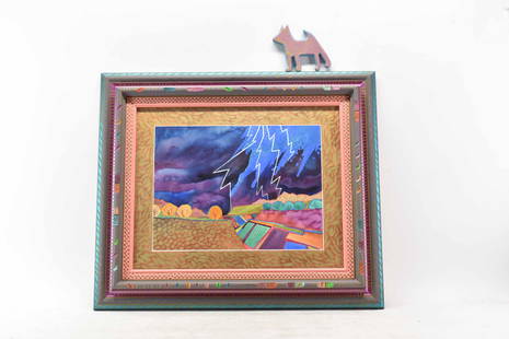 Fran Larsen Mixed Media of Glorious Storm II: Fran Larsen Mixed Media of Glorious Storm II on board, in hand carved and polychrome painted wood frame including hand painted, carved dog embellishment at top of frame. Signed lower right etched on b