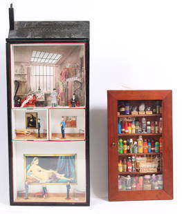 Two Dioramas, In the Manner of Joseph Cornell: One of figures in a museum, the other of bottles on a shelf, probably at an apothecary. Some pieces loose, losses. 23-1/2"h x 9-1/4"w x 2-1/4"d and 13-1/2"h x 8"w x 2"d