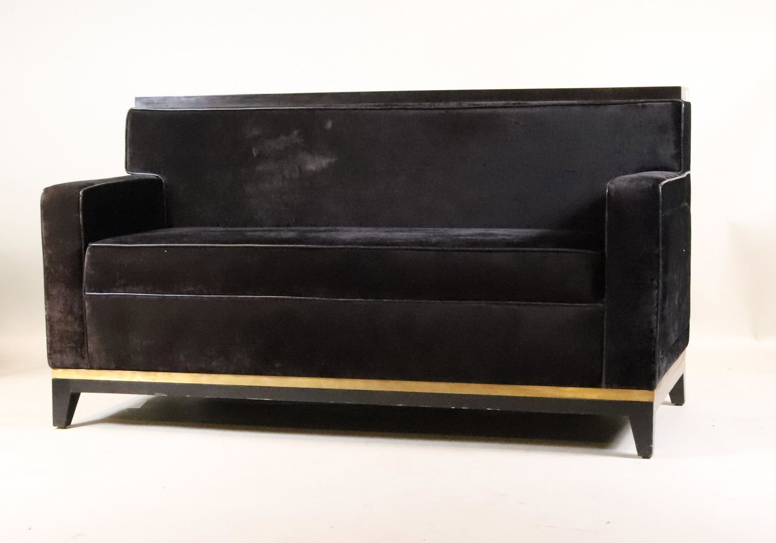 Modern Black Velvet and Lacquer Loveseat: 20th C., with brass trim and opening along top edge. Some surface distress and wear. 33"h x 5'w x 27"d