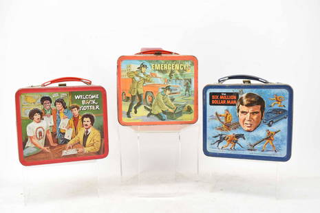 1974 Aladdin Six Million Dollar Man Lunch Box: 1974 Aladdin Six Million Dollar Man Lunch Box with Thermos together with a 1977 Aladdin Welcome Back Kotter Lunch Box and a 1973 Aladdin Emergency! Lunch Box; used condition, wear/worn, rusting, surfa