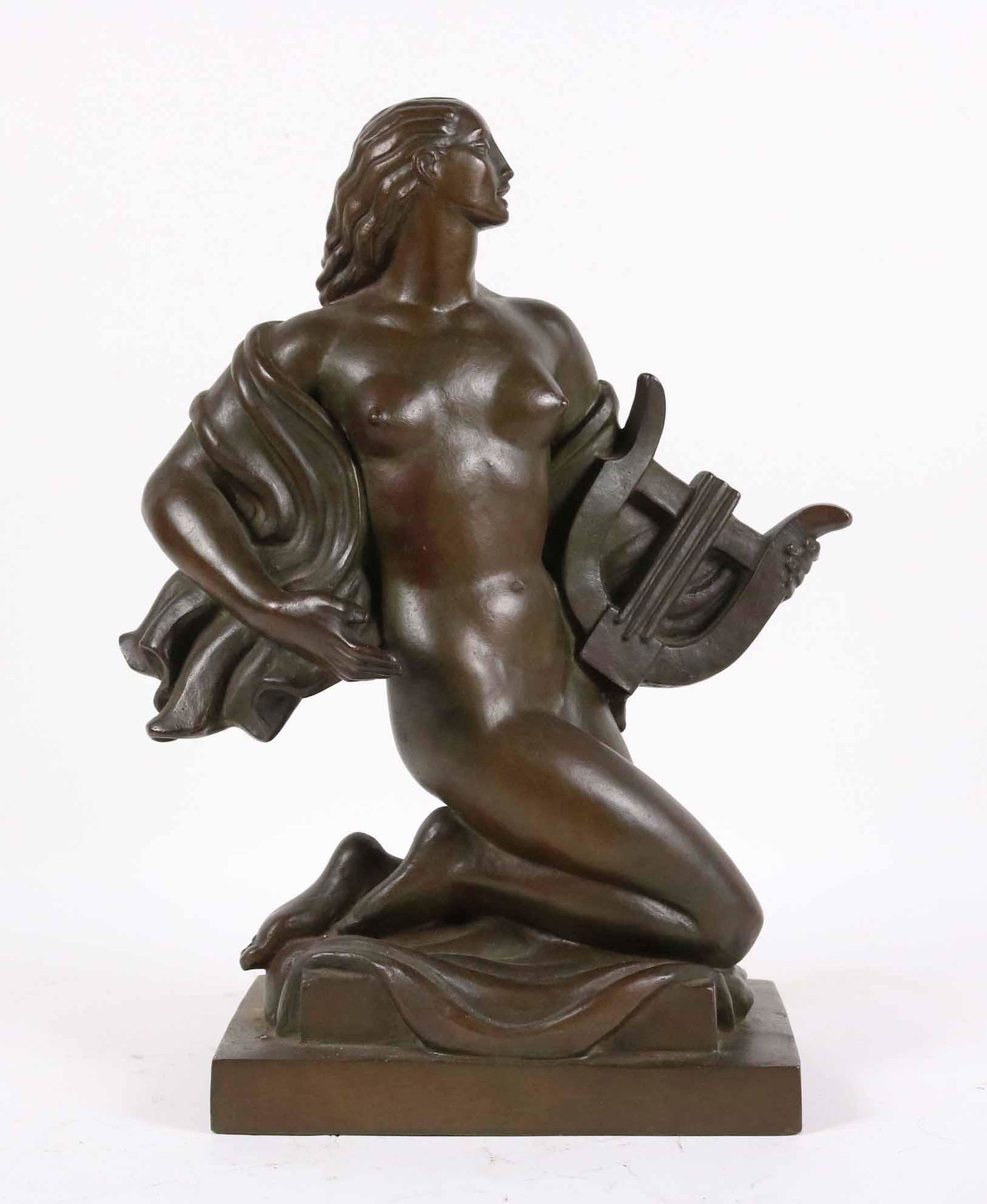 Wheeler Williams, Bronze, Nude Woman with Lyre: (American, 1897-1972) signed and dated '35. 16-1/2"h x 12"w