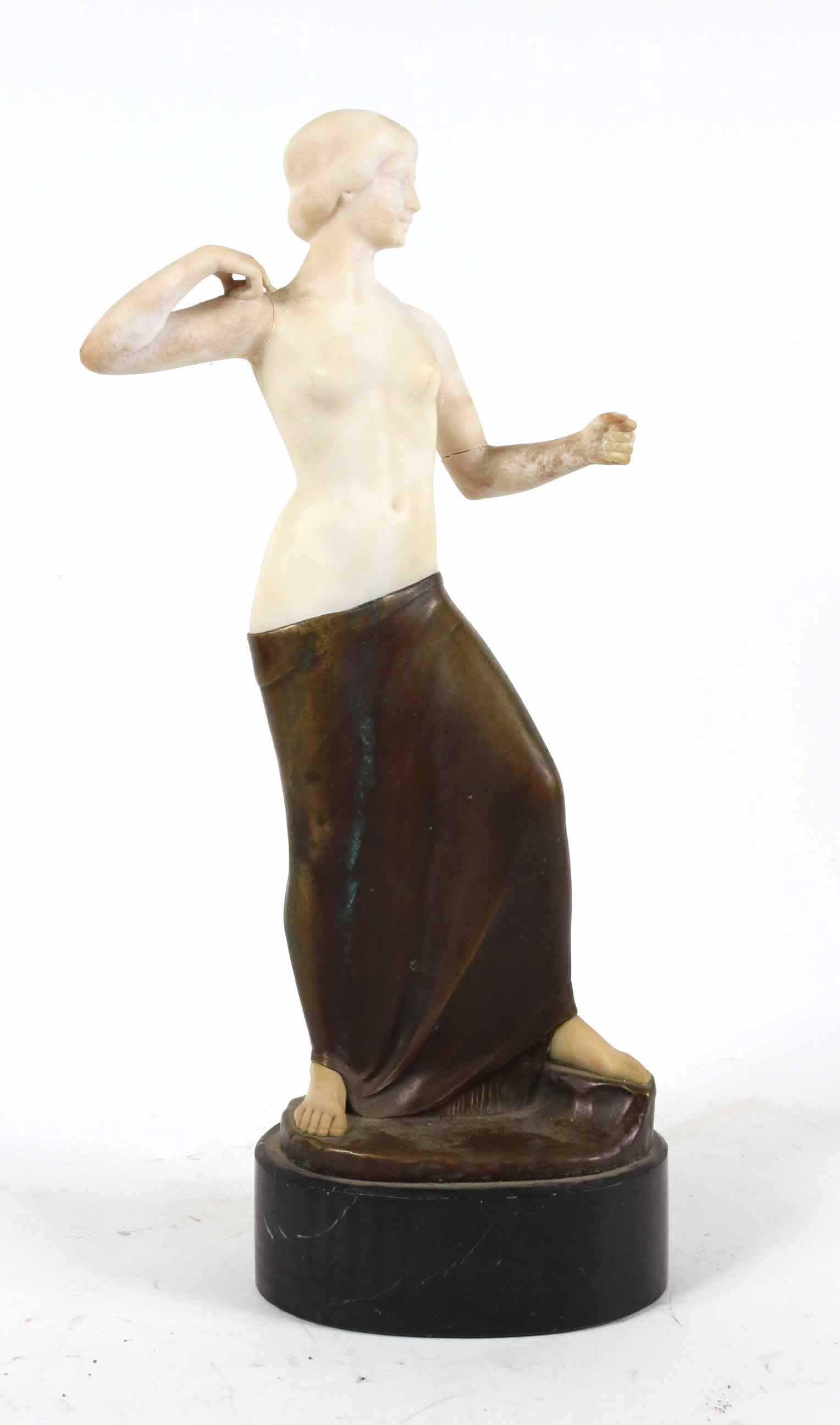 Georg Schrimpf, Metal & Stone Sculpture of Nude: (German, 1889-1938) signed verso. Repairs to arm and shoulder. 20"h