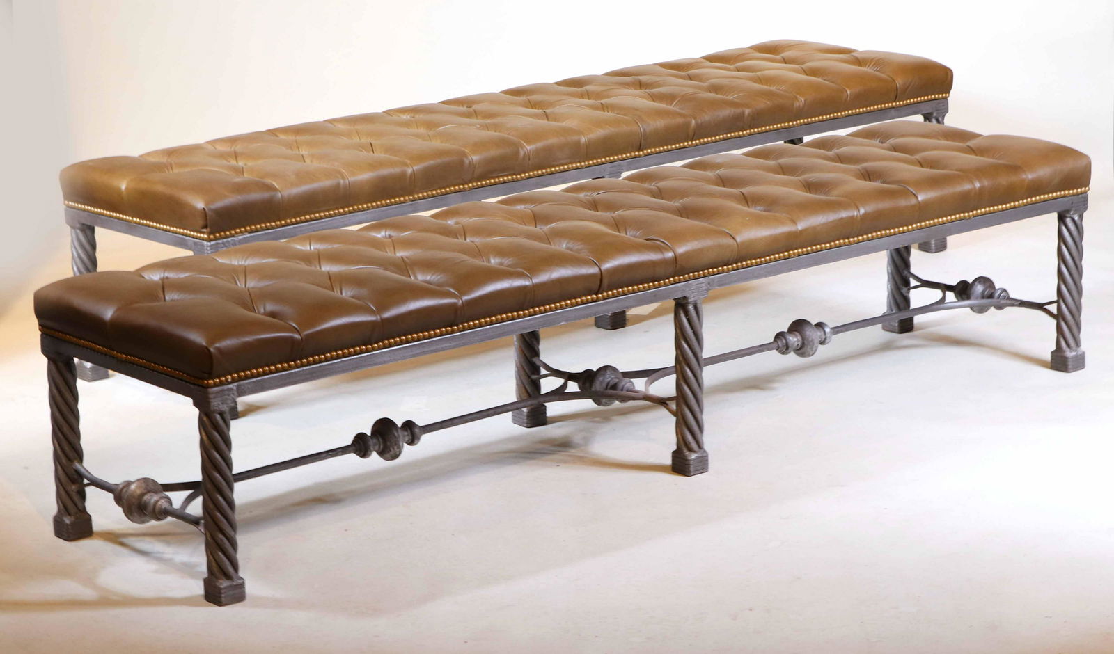 Pair of White Metal and Brown Leather Benches (1 of 6)