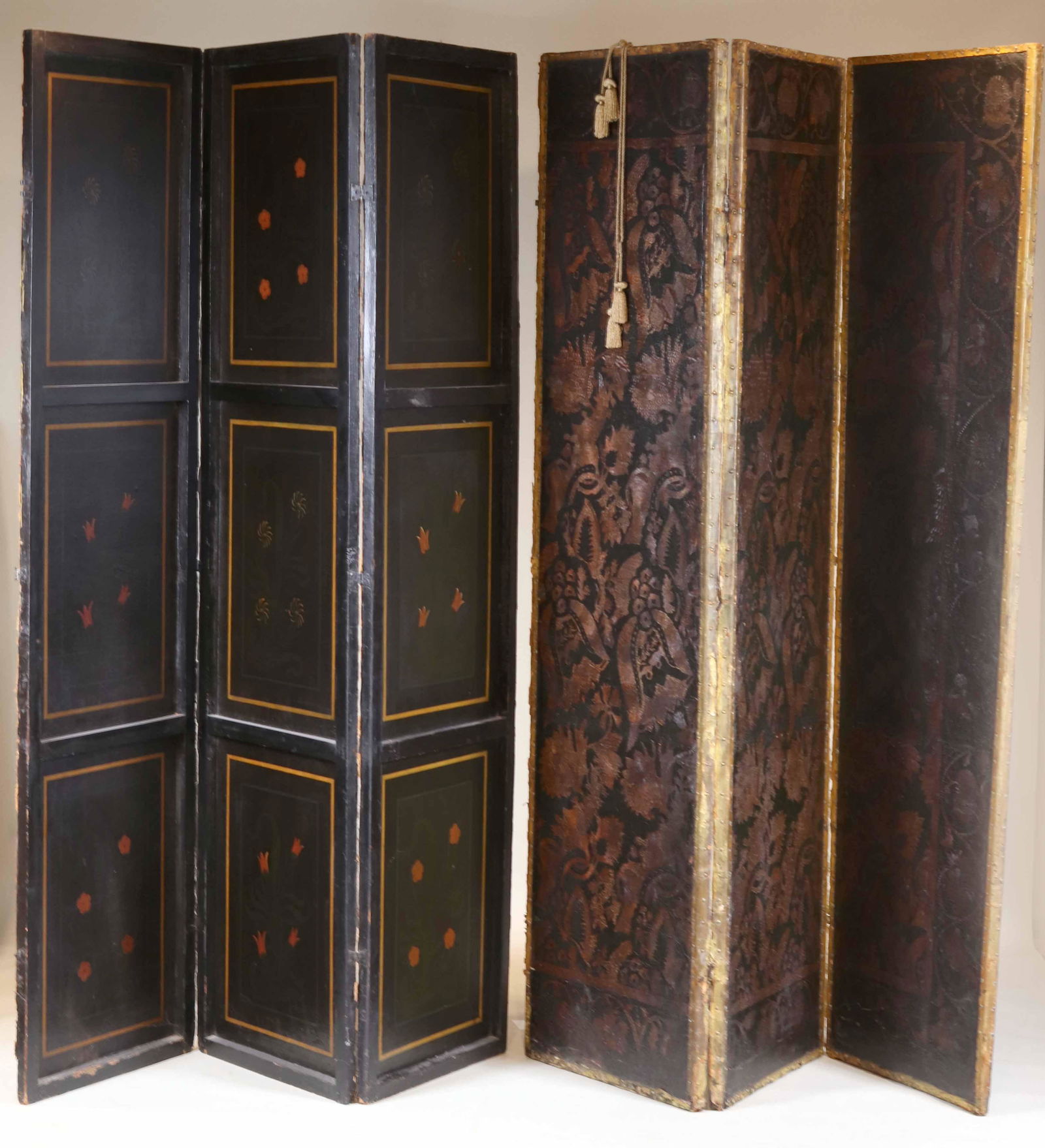 Two Painted Leather Three-Panel Screens (1 of 7)