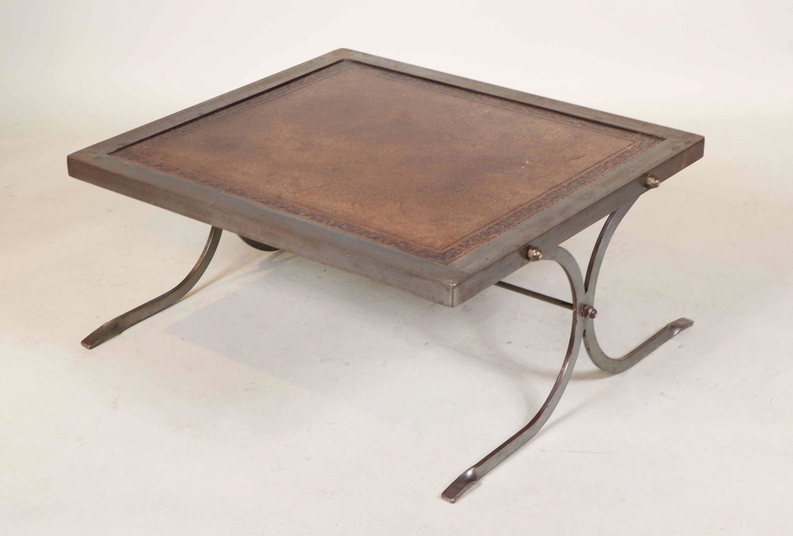 Modern Tooled Leather-Inset Metal Low Table (1 of 6)