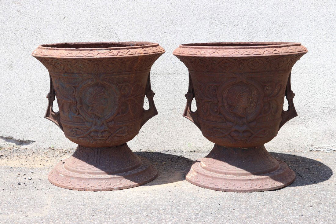Pair of Neoclassical Style Cast-Iron Urn Planters (1 of 8)