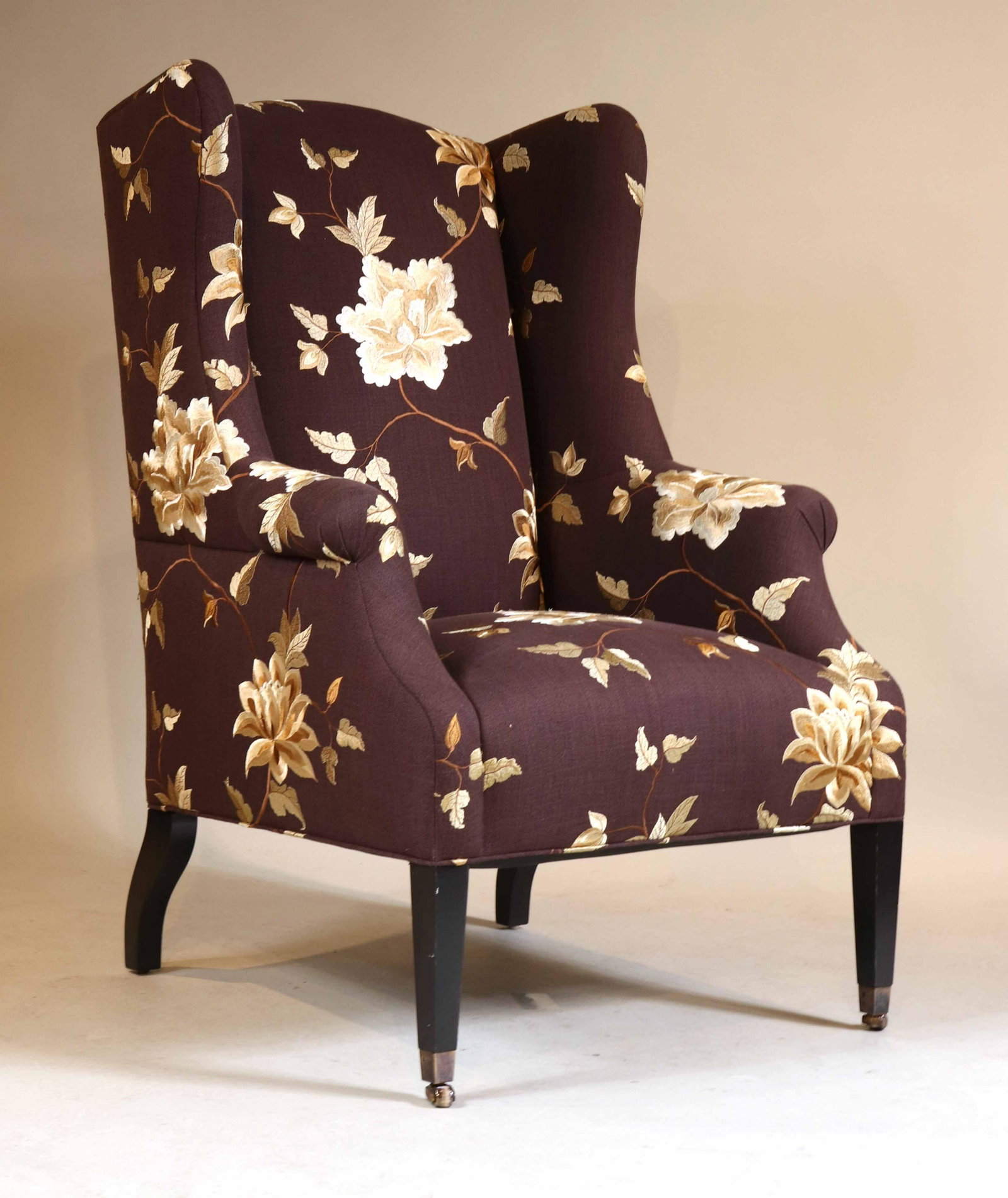 Contemporary Floral-Needlework Wing Chair: Retailed by Summer Hill Ltd. 45"h x 30"w x 34"d