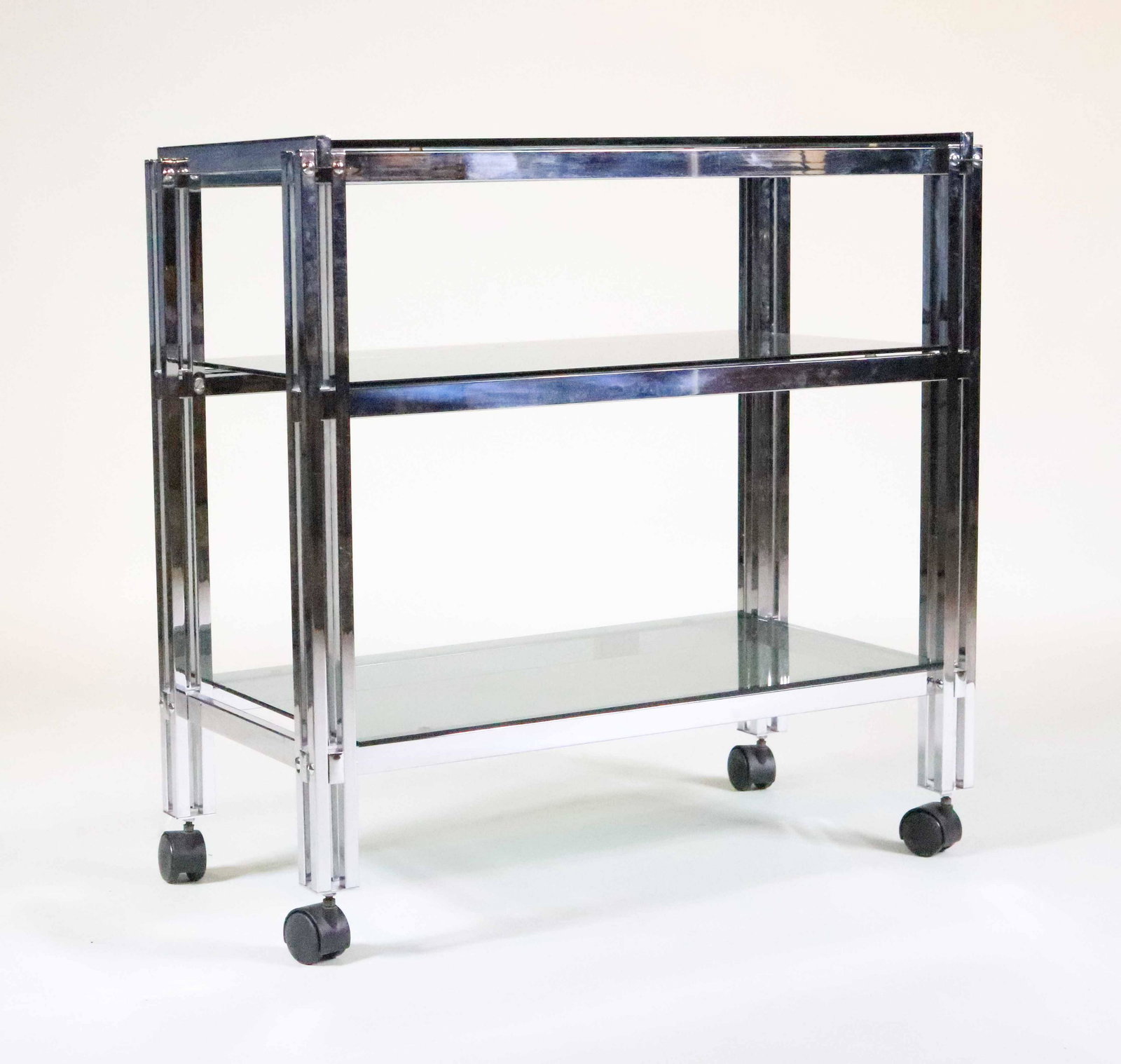 Modern Chrome and Grey Glass Bar Cart: Late 20th C. on casters. 31-1/4"h x 31-1/2"w x 15-3/4"d