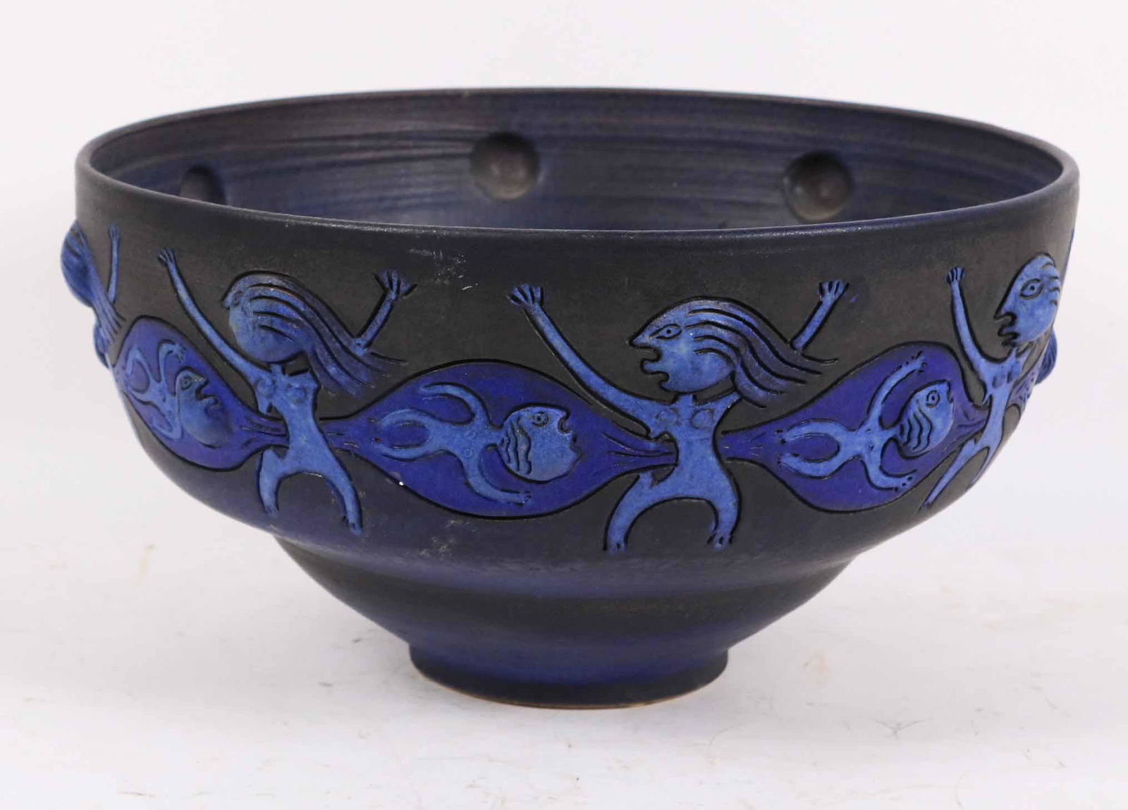 Edwin & Mary Scheier Glazed Ceramic Bowl: Of impressive size, decorative with figures, marked "Sceier" and '91 underside. 8-1/4"h x 15-1/2"dia.