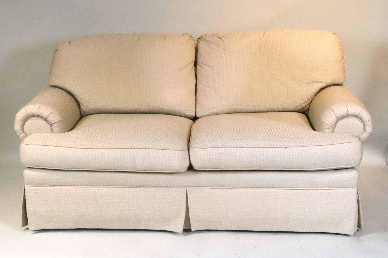 Modern Century White-Upholstered Loveseat: 20th C. 34"h x 6'w x 38"d