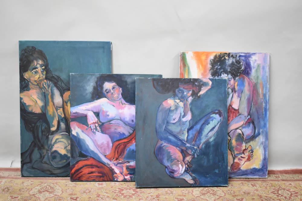 Four Iris Kaplan Oil on Canvas of Nudes: Four Iris Kaplan Oil on Canvas of Nudes each depicting a nude female figure. Two having signatures on verso, one appears unsigned and the other is signed lower right. Used condition, wear, worn, losse