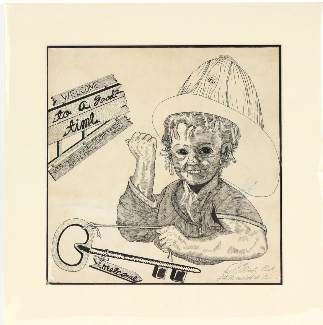 Dick Prisk, Pen and Ink, Boy with Fire Helmet (1 of 5)