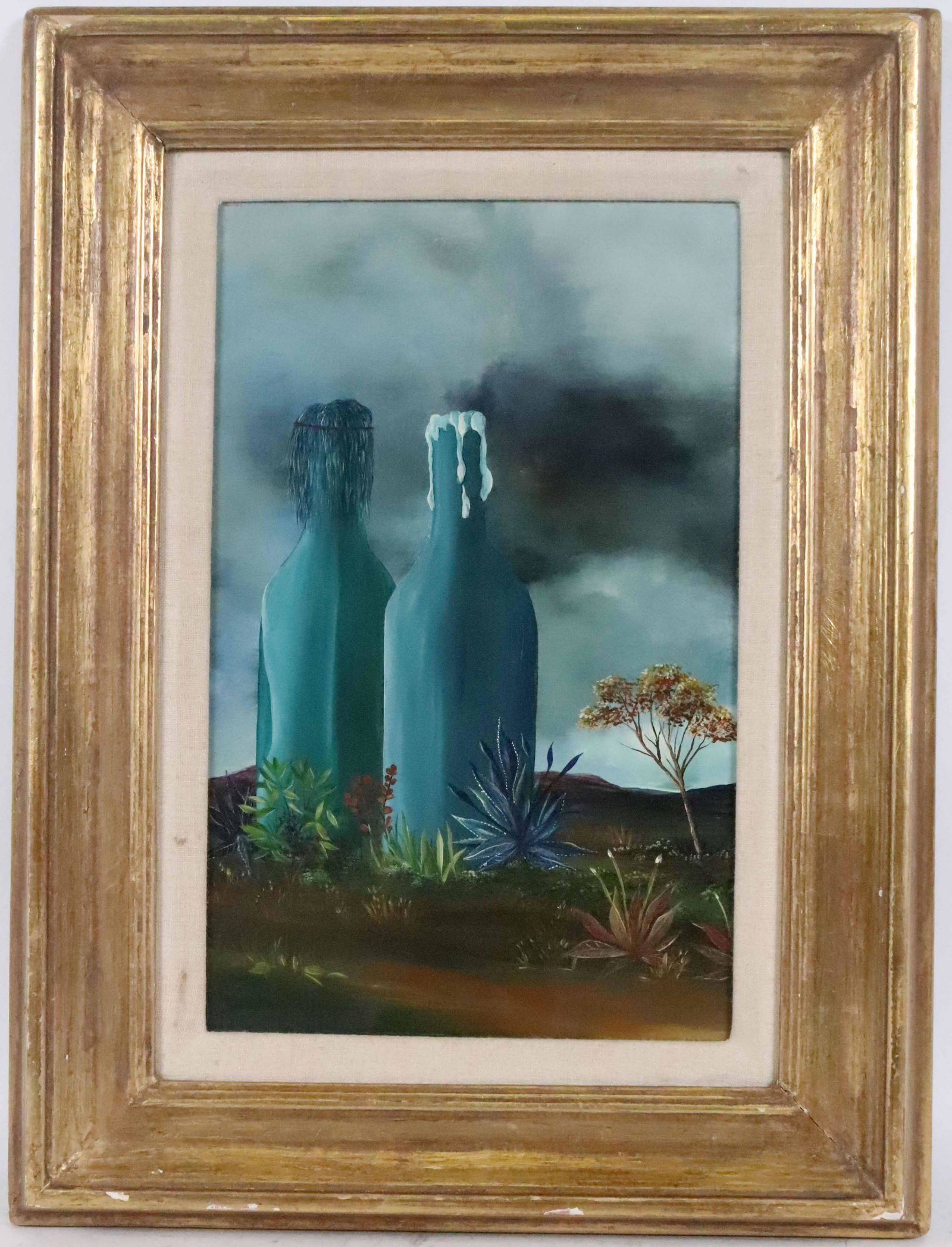 Yoav Shualy, Oil on Canvas, Still Life of Bottles: (Israeli, b. 1940) signed l.l. "Shualy" and verso "Y. Shualy" artist name also spelled Yoav Shuali. Sight size: 14-1/2"h x 9-1/4"w Overall: 21-1/2"h x 16-1/2"w