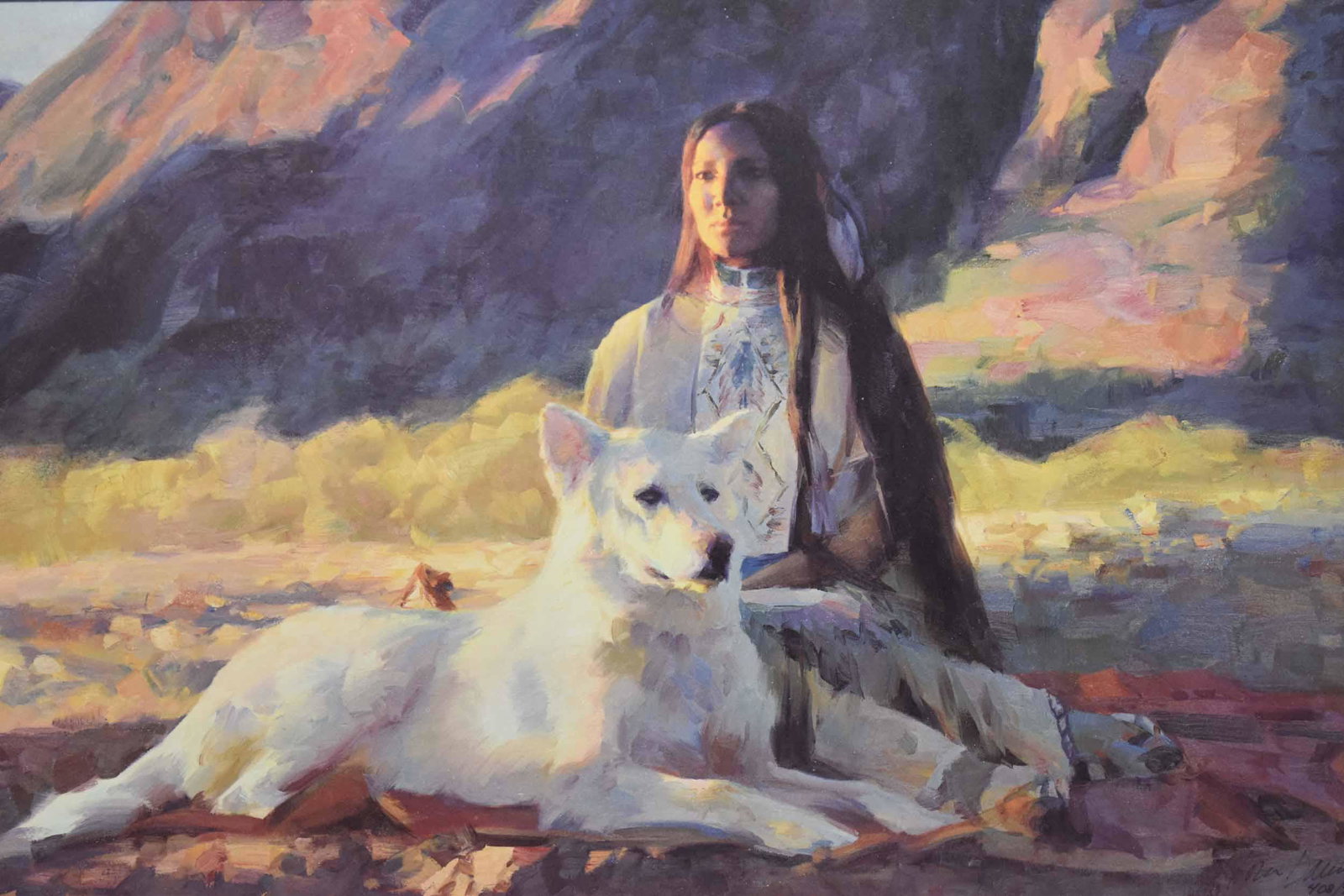 Thomas Darro Lithograph of Woman and White Wolf: Thomas Darro Lithograph of Woman and White Wolf titled "Woman Who Dreamed of White Wolf". Limited edition 408/750. Used condition, Sight size 16 1/4" x 24 3/4". Frame size 31 5/8" x 23 1/2" , not exam