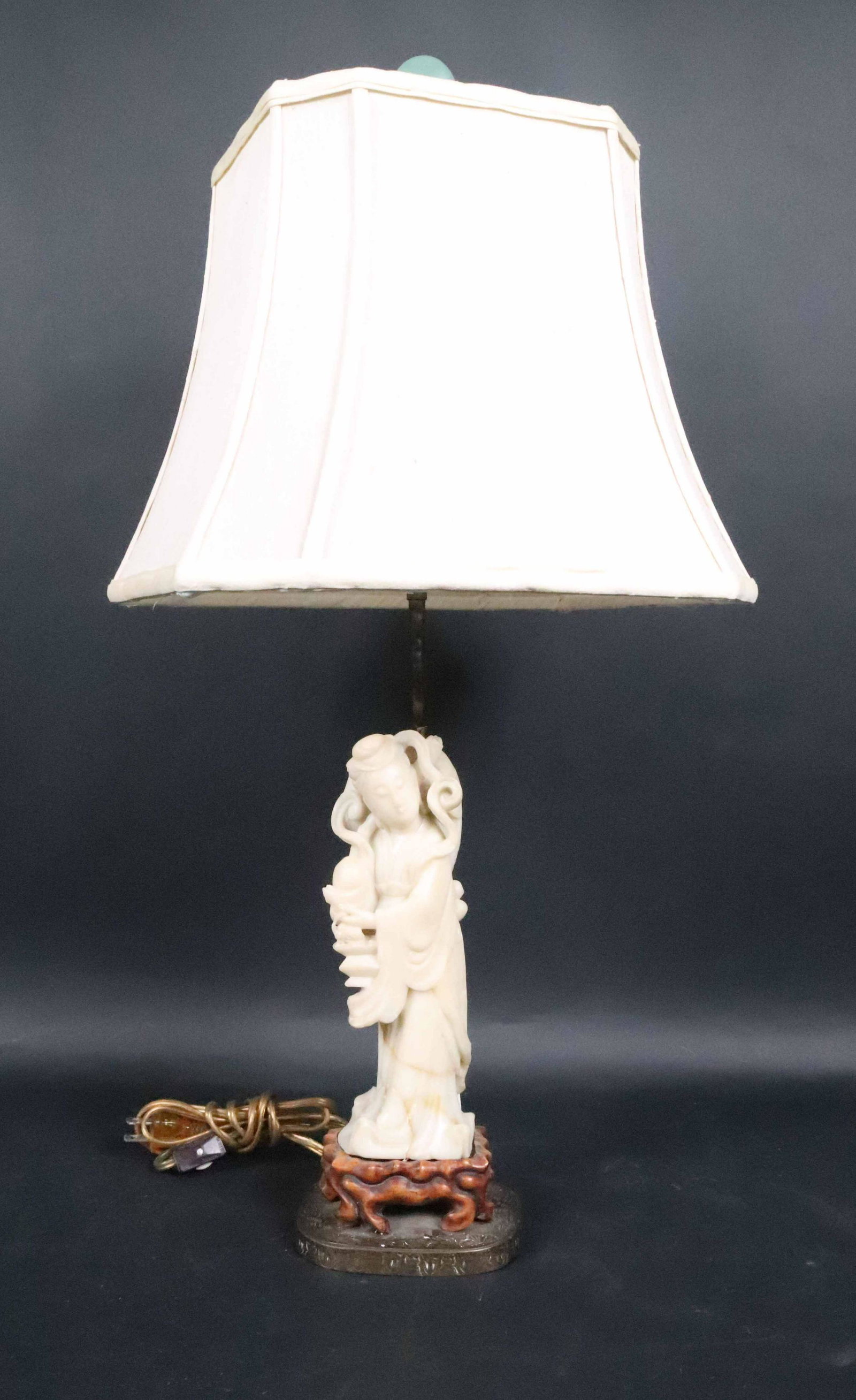 Chinese Carved Soapstone Figure of Guanyin: 20th C. mounted as a lamp. Cracks and repaired. Figure: 9-1/2"h Overall: 26-1/2"h