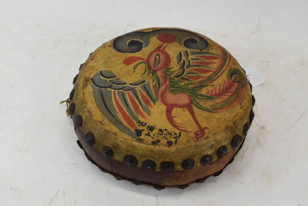 Vintage Chinese Leather Drum: Vintage Chinese Leather Drum painted depicting dragons and phoenix. Used condition, wear, worn, missing strap. 10" in diameter.