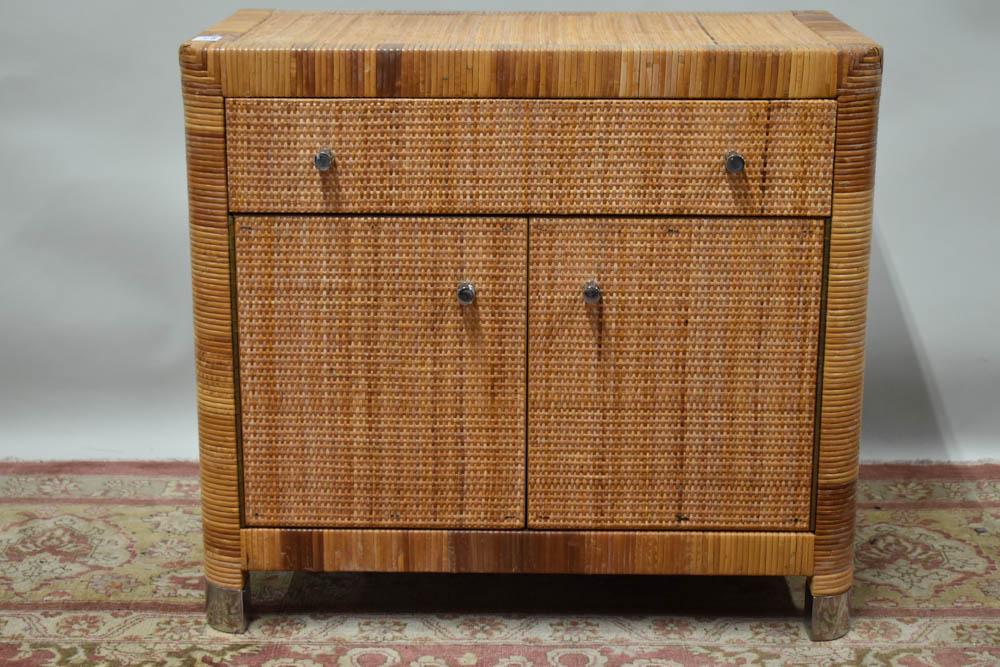 Bielecky Brothers Caned Serving Chest: Bielecky Brothers Caned Serving Chest having drawer above two doors with chrome mounts. Unmarked, believed to be purchased at Bielecky Brothers. Used condition, wear, worn, distress to clear coat. Mea