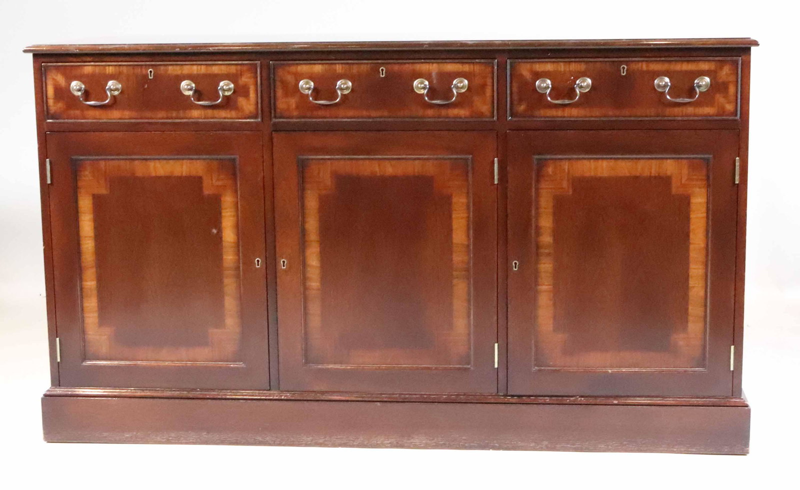 Trosby Furniture Inlaid Mahogany Side Cabinet: George III Style, 20th C. labeled in upper drawer. 34"h x 6'w x 22"d