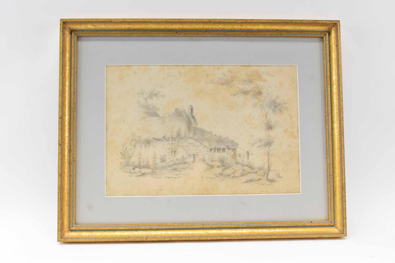 Pencil Sketch of Thatched Roof Farmhouse: Pencil Sketch of Thatched Roof Farmhouse. Appears unsigned. Used condition, wear, worn, heavy foxing, not examined outside frame. Frame size 17 3/4" x 13 3/4"