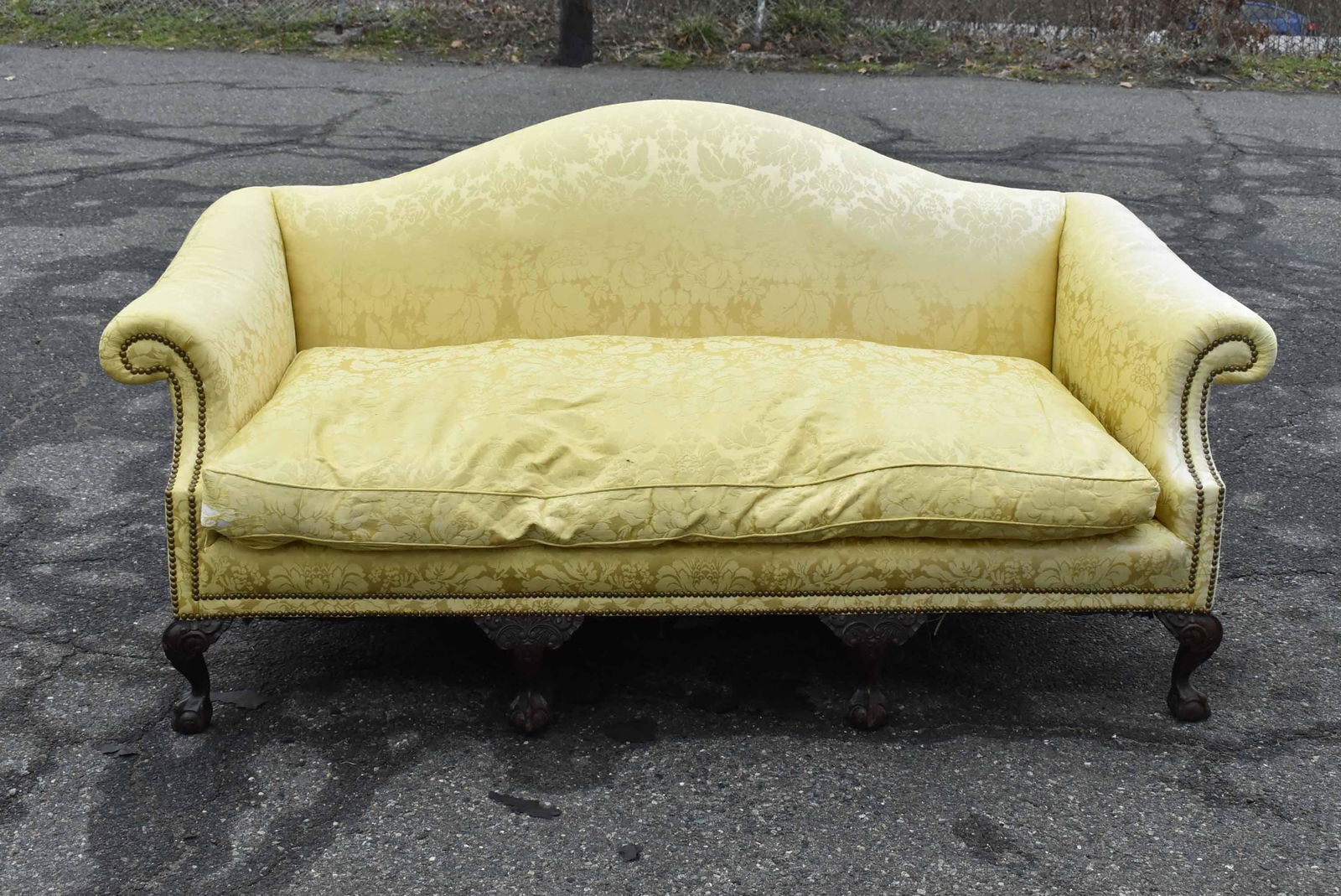 Chippendale Style Yellow Damask Upholstered Sofa (1 of 12)