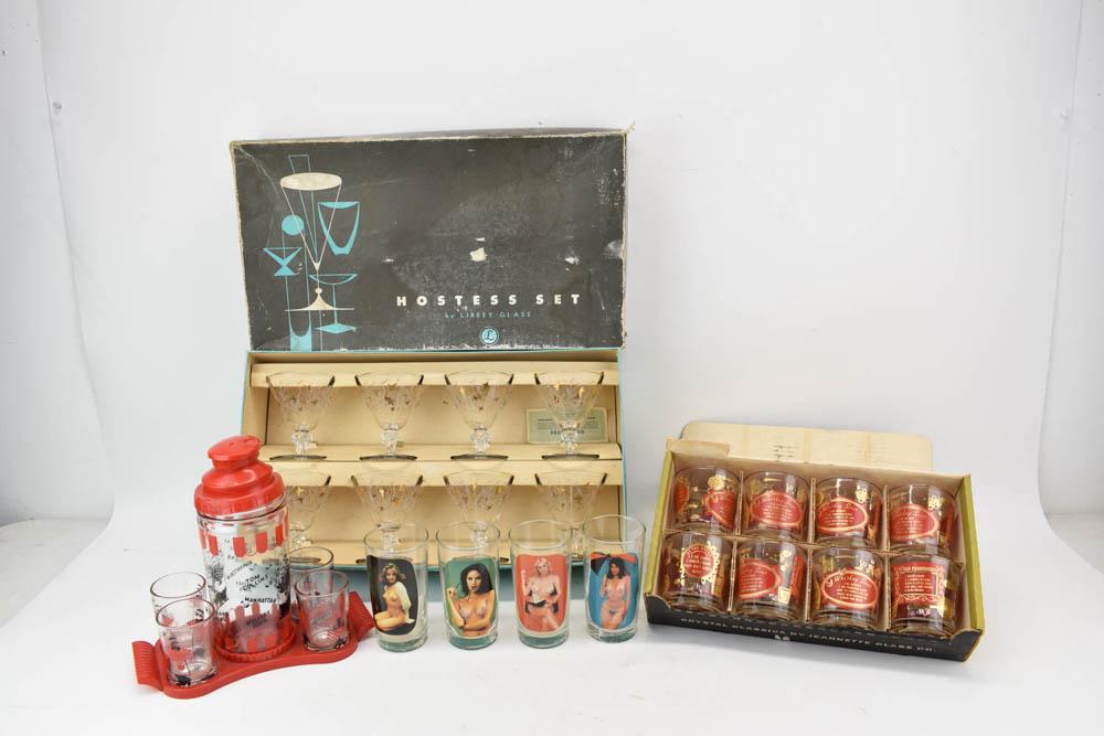 Group of Assorted Vintage Barware: Group of Assorted Vintage Barware. Including Libby's Hostess Set Royal Fern, Jeanette Glass company Whiskey glasses, Set of 4 nude beer glasses and a mixed drinks shaker with matching glass set. Used 