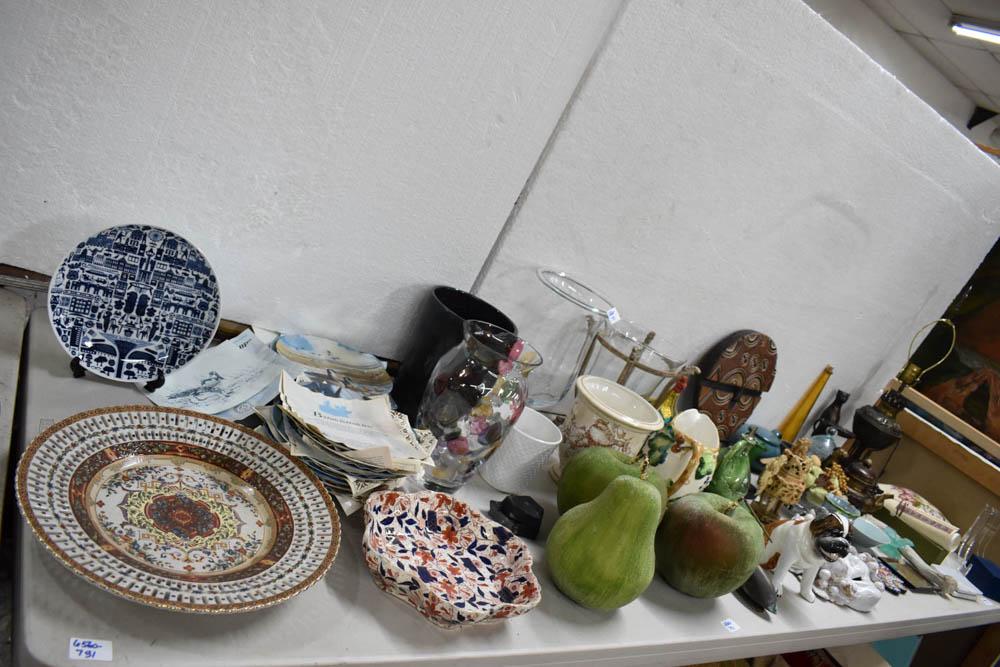 Group of Assorted Table Articles: Group of Assorted Table Articles including vases, collectible Disney and Wildlife plates, decorative dishes, brass whale door knocker, needlework pillow, lamp, brass cats and more.