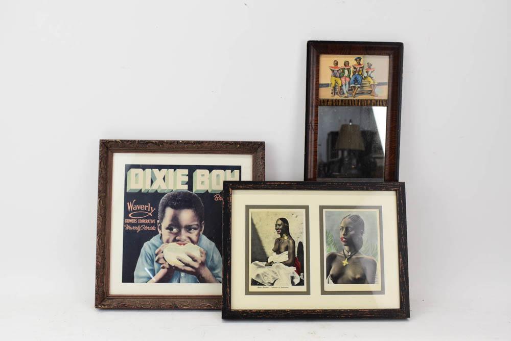 Group of Assorted Black Americana: Group of Assorted Black Americana. Including framed Dixie Boy advertisement, Africa Orientantale depicting women and hanging wall mirror. Used condition, wear, worn, mirror size 19 1/2" tall x 7 1/2" 