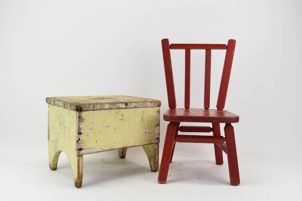 Vintage Red Painted Childs Chair and Wooden Stool (1 of 4)