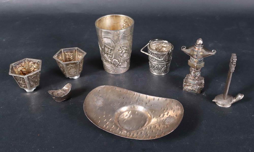 Group of Asian Silver Vessels, Dish, and Seals (1 of 2)