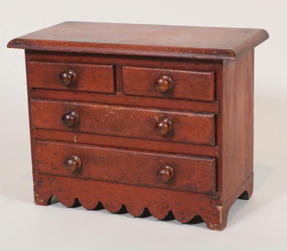 Red-Stained Pine Miniature Chest of Drawers (1 of 4)