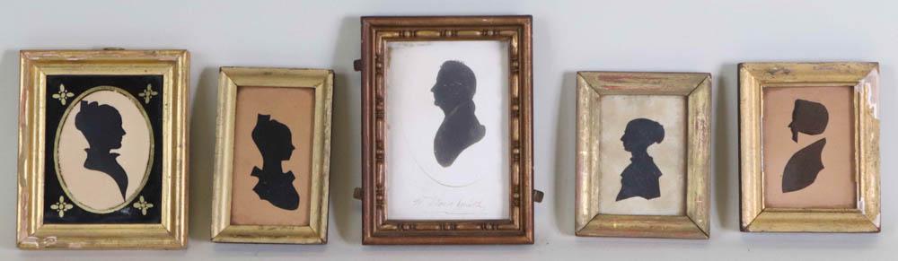 Group of Five Silhouettes: American, 19th C., one of Amanda Penelope Williams Rice, one of Henrietta Collins Brown, dated 1819, a cut silhouette of a man and woman and a print of a silhouette of William Moore Smith, and a hollo